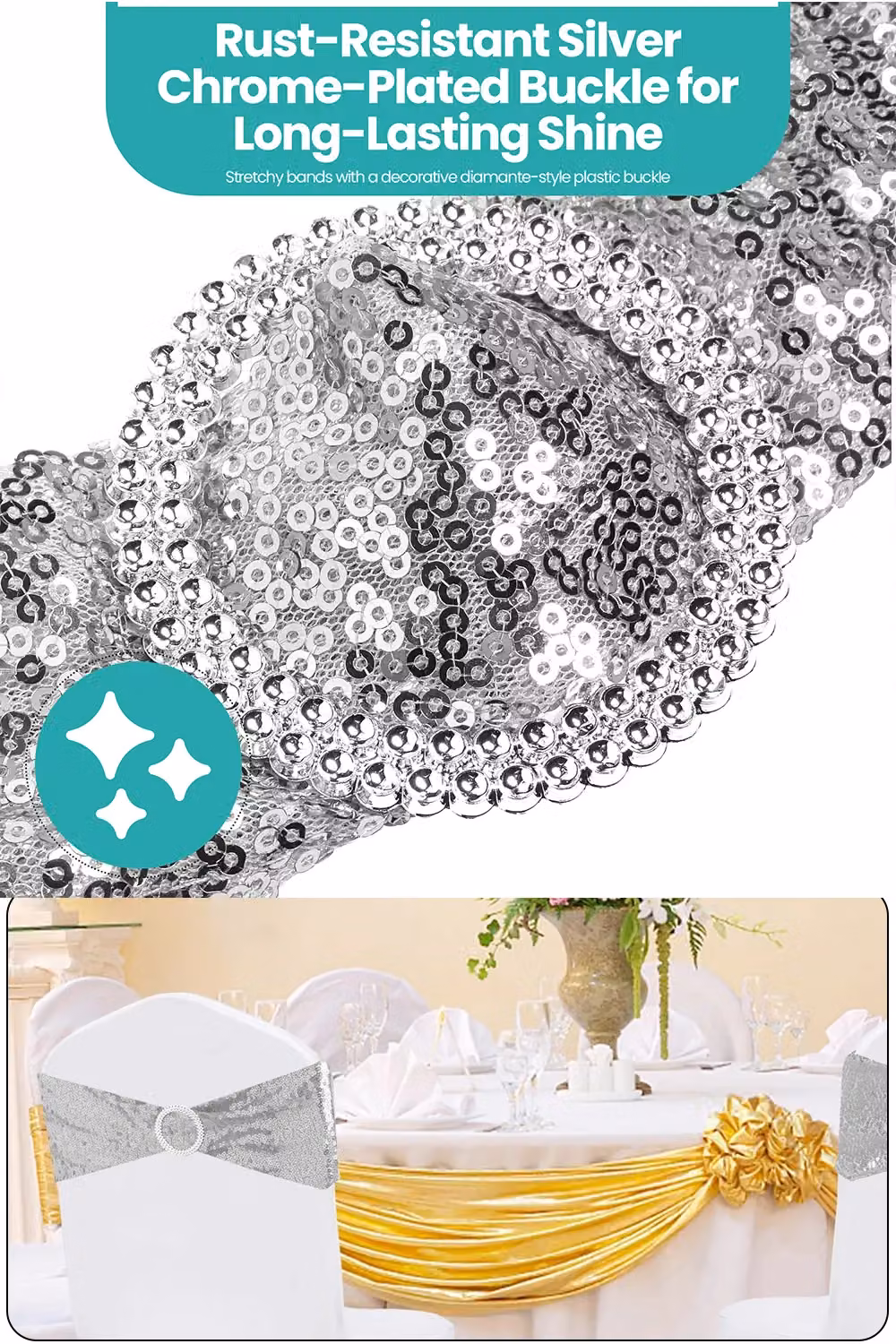 Neel Blue 10-Piece Sequin Dining Chair Band Set with Silver Slider Buckles and Stretchy Fabric Sash – 3
