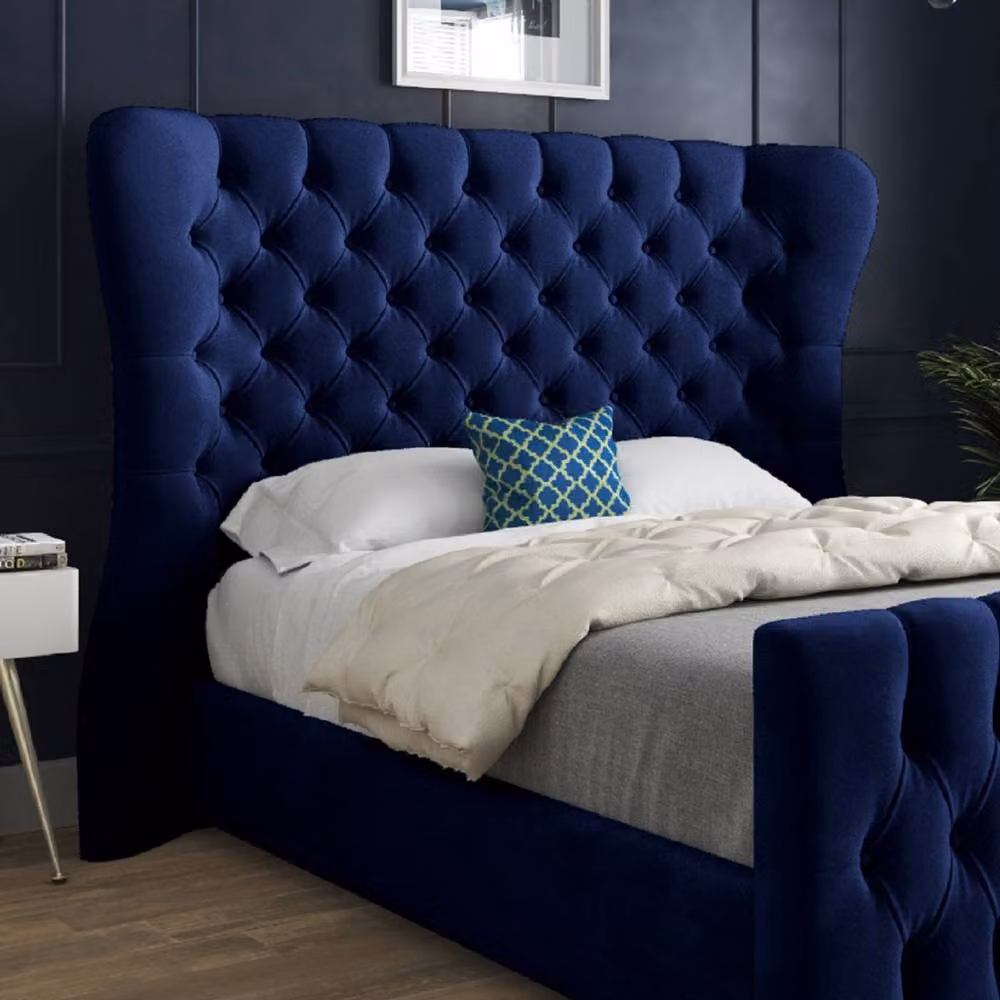 Casani Reydon Upholstered Velvet Designer Bed Frame in Blue, W/D/H: 180 x 159 x 137 cm – 3