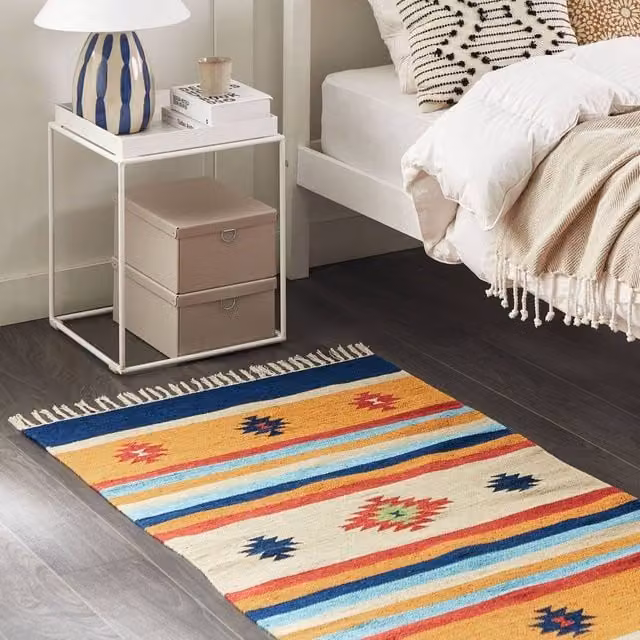 Wyld and Coco Multicolour Cotton Kilim Area Rug, Reversible Flat Weave with Fringes, W: 80 cm, L: 150 cm