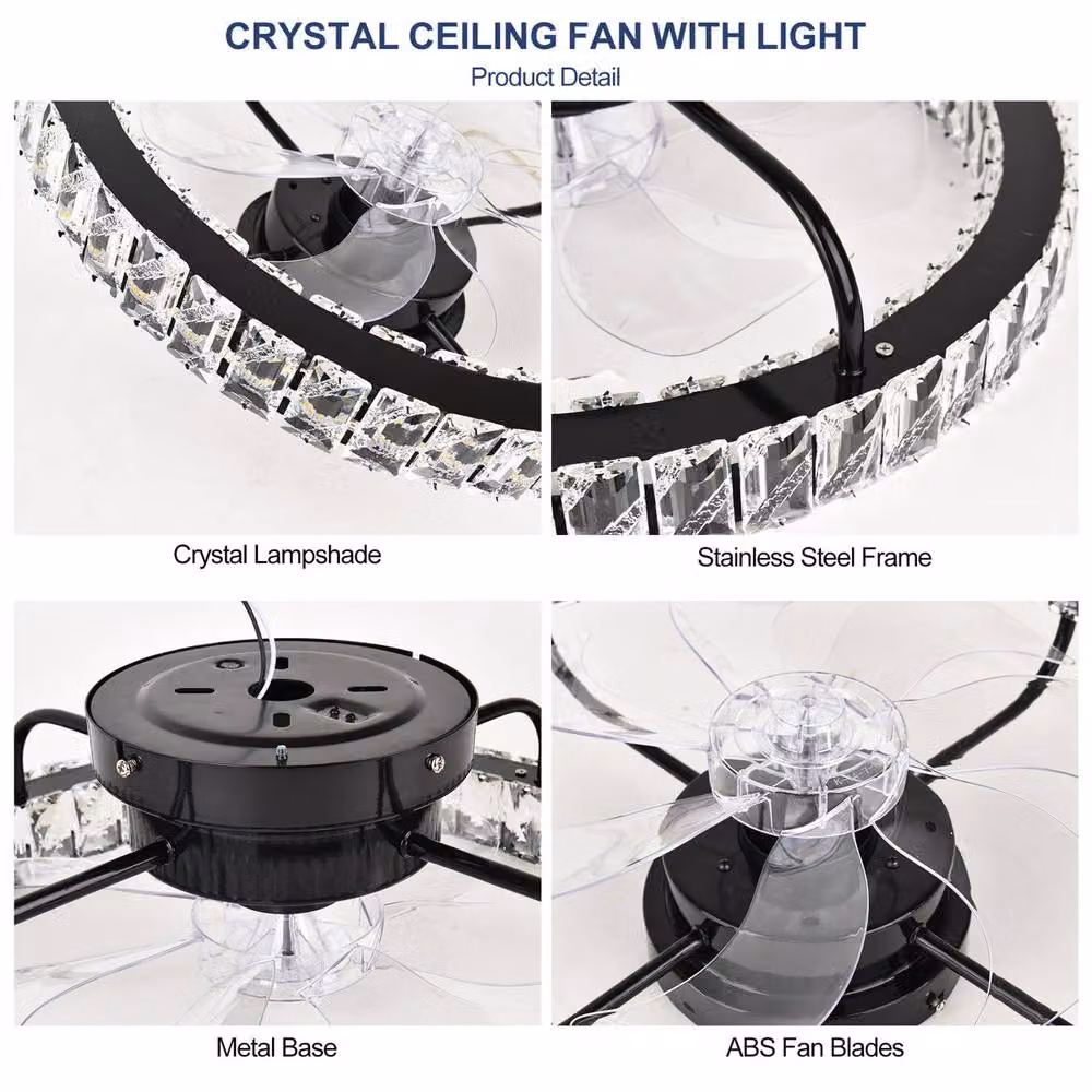 Garwarm Dimmable Crystal Ceiling Fan with LED Light, Remote Control and App, Black – 4