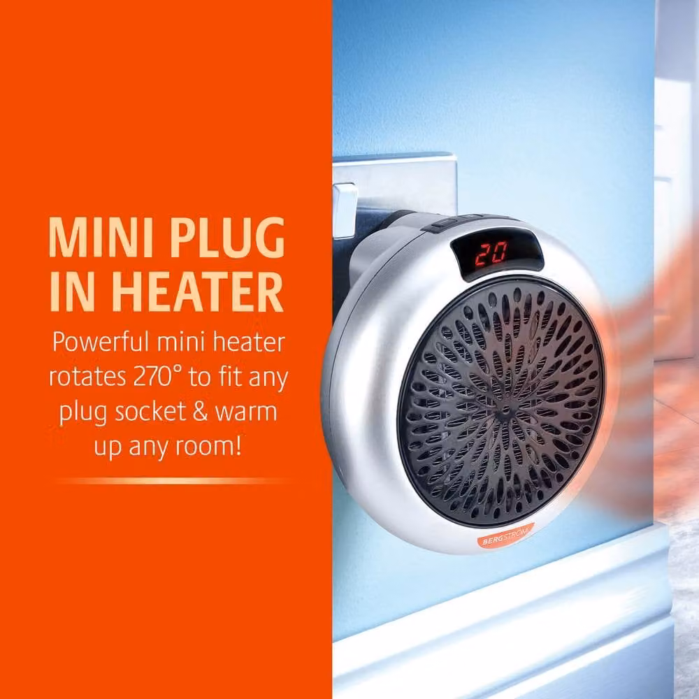 Bergstrom Mini Plug-In Fan Heater in Silver with Adjustable Thermostat and Timer – 2