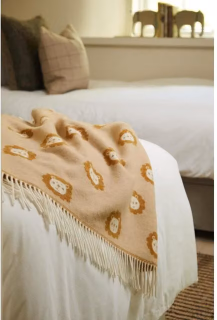 Tweedmill Baby Merino Wool Lambswool Blanket in Orange and Beige with Lion Design