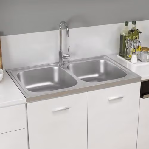 vidaXL Stainless Steel Kitchen Sink with Double Basins, Silver, W: 80 cm, D: 50 cm, H: 15.5 cm – 2