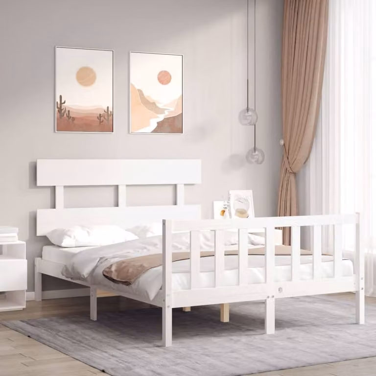 Berkfield Home Beautiful Bed Frame with Headboard in White Solid Pine Wood W/D/H: 120 x 200 x 81 cm