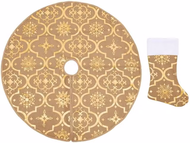 Berkfield Home Luxury Christmas Tree Skirt with Sock in Yellow and Tan Fabric, Diameter: 122 cm