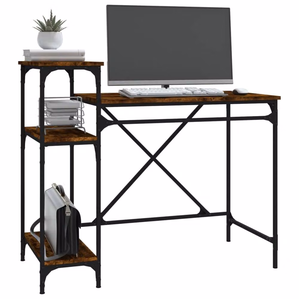 Berkfield Home Industrial Computer Desk with Shelves in Smoked Oak and Brown, W/D/H: 105 x 50 x 90 cm – 3