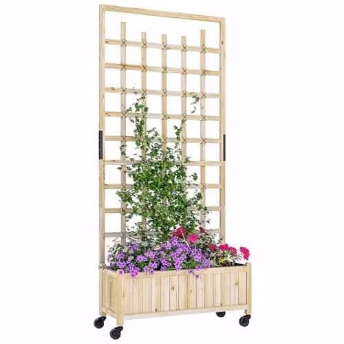 Outsunny Wooden Trellis Raised Bed Planter with Wheels in Brown – 1