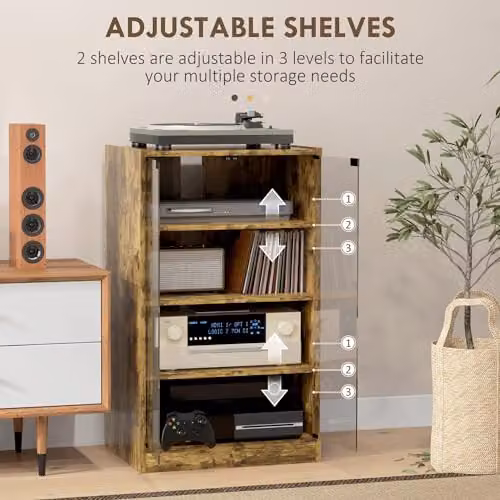 HOMCOM 4-Tier Hi-Fi Record Player Stand with Glass Doors and Internal Shelves, Rustic Brown – 3