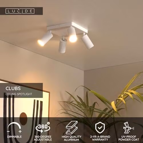 Lucide Netlighting Clubs Modern Square Ceiling Spotlight, White, 4xGU10, Adjustable and Dimmable – 2