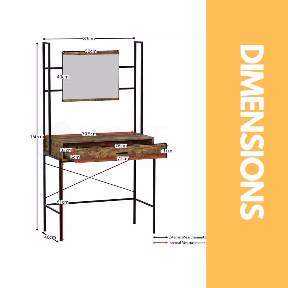 Pirlo Plush Industrial Dressing Table with Mirror in Brown, W/D/H: 150 x 40 x 83 cm – 4