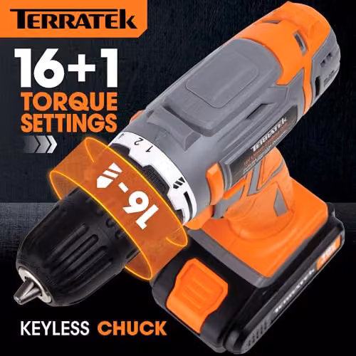 Terratek 18V Cordless Drill Set with 13-Piece Kit and Rechargeable Battery in Orange and Grey – 3