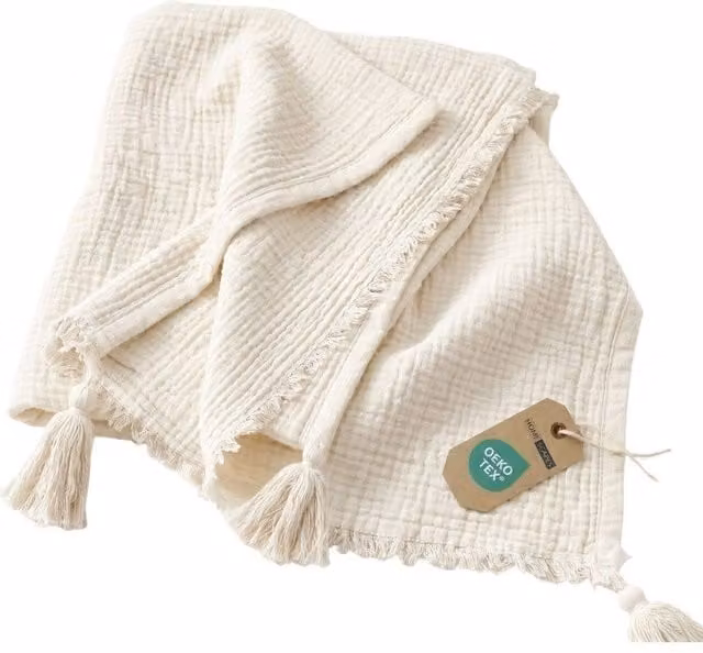 Homescapes Muslin Cotton Throw Blanket, Off White, W/D/H: 127 x 180 cm