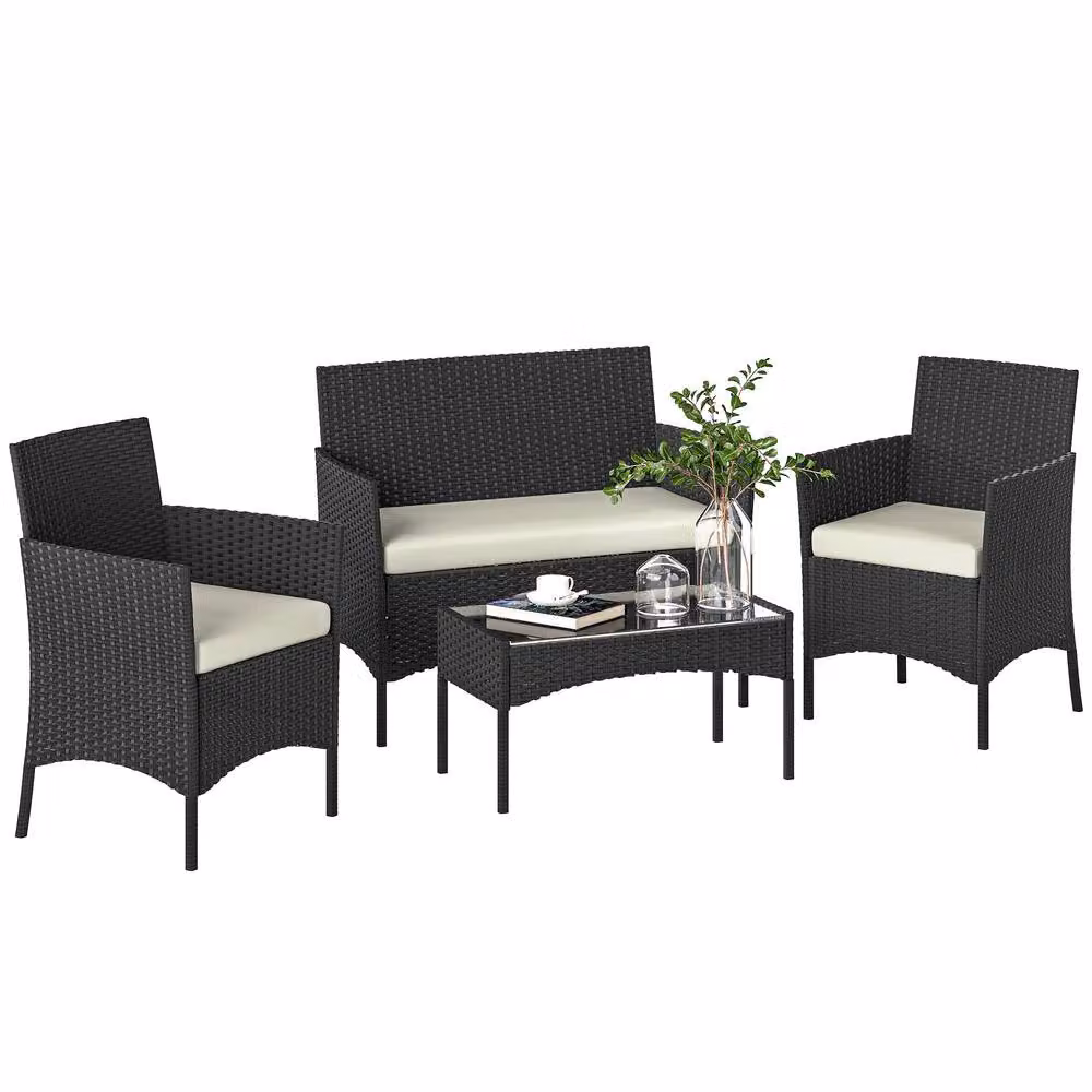 OUTSUNNY 4 Piece Polyrattan Garden Furniture Set with Cushions in Beige and White – 2