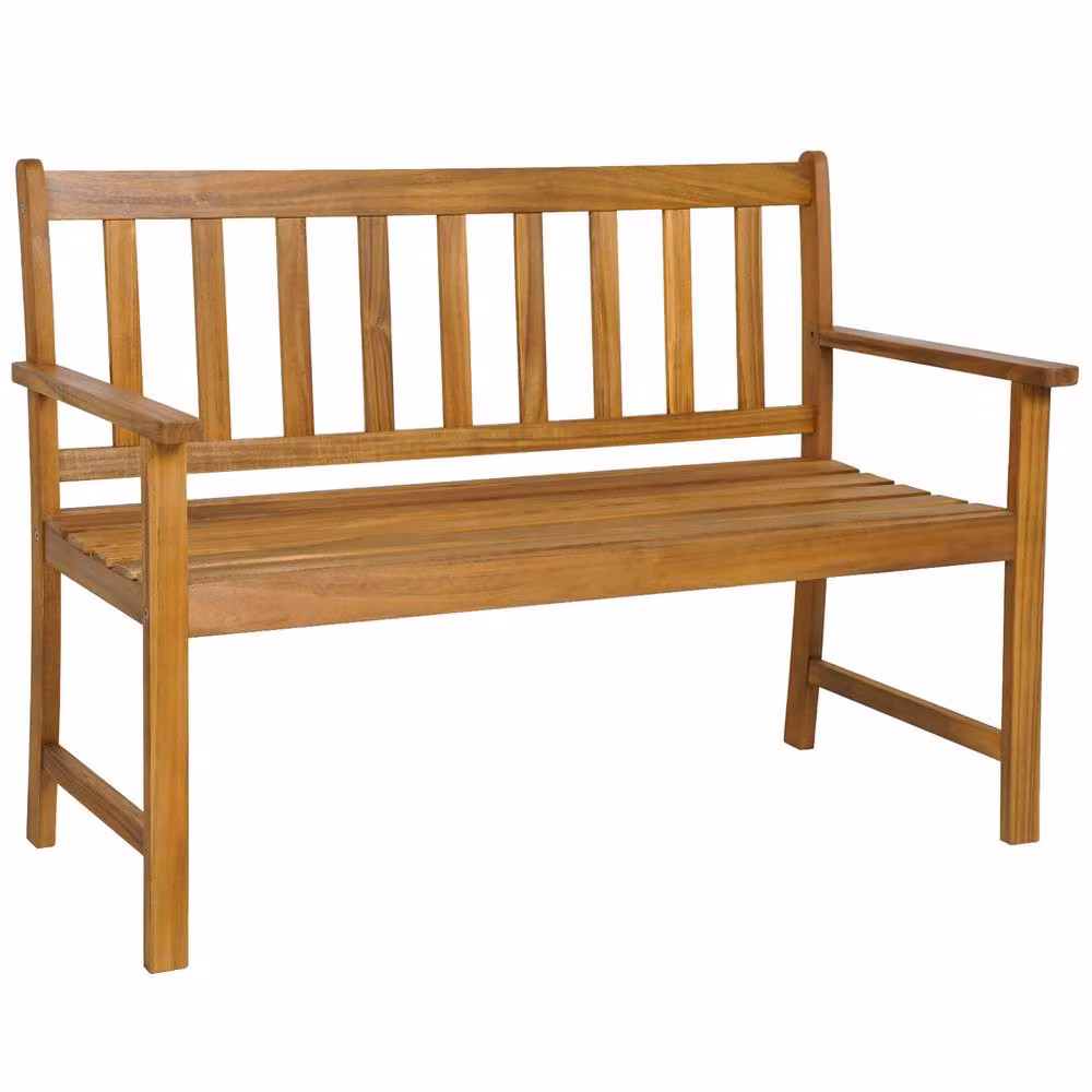 Costway 2-Person Outdoor Acacia Wood Garden Bench with Armrests in Natural Brown – 5