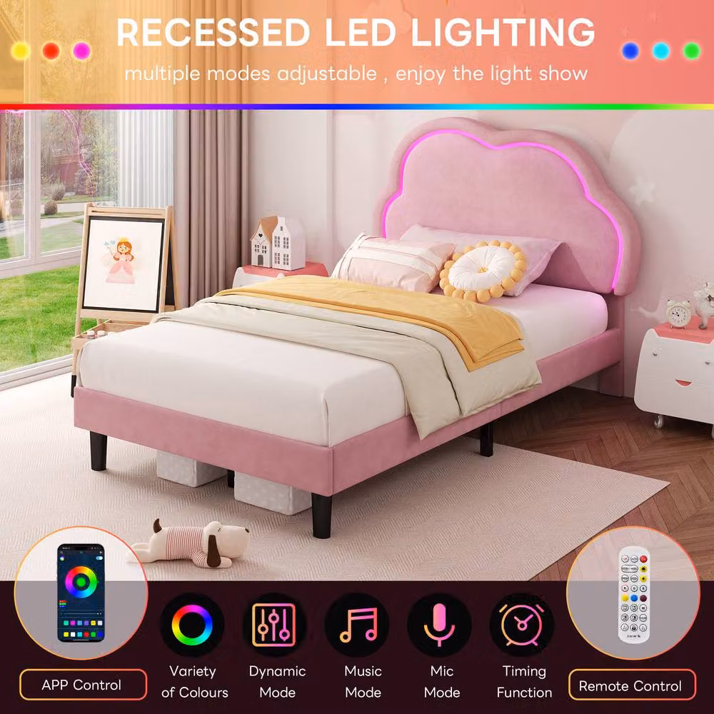 BTM Single Upholstered Velvet Bed Frame with LED Adjustable Headboard and Under-bed Lighting, Pink, W/D/H: 90 x 190 x 113 cm – 2