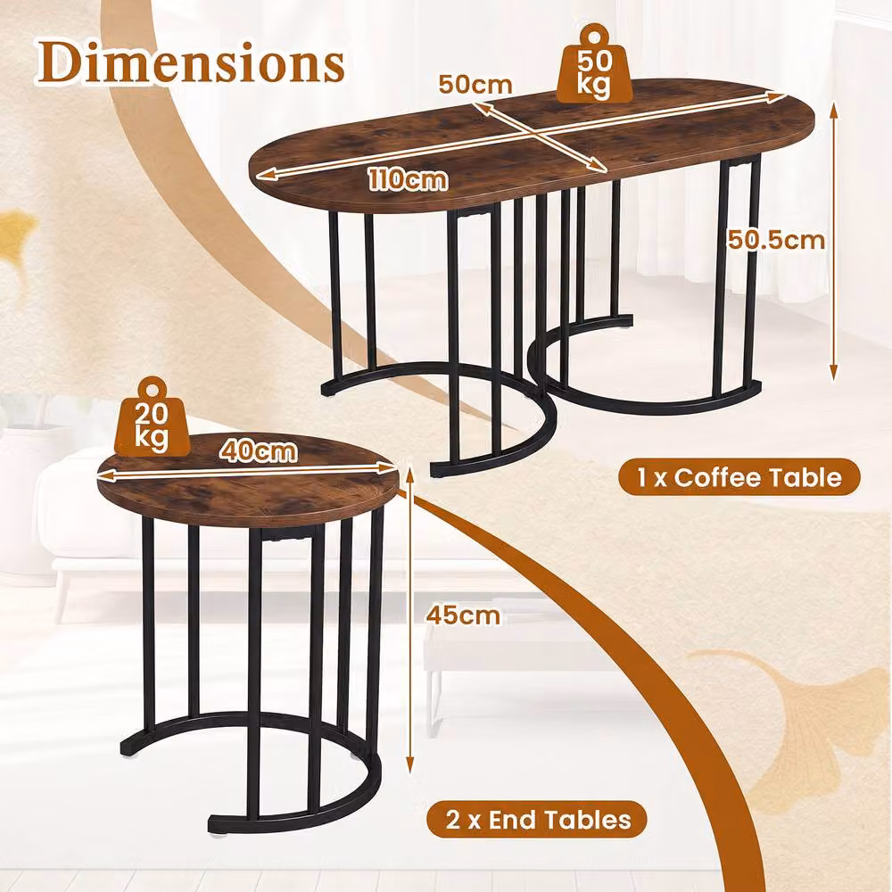 Costway 3-Piece Nesting Coffee Table Set in Brown with Oval Wood and Metal Tops – 2