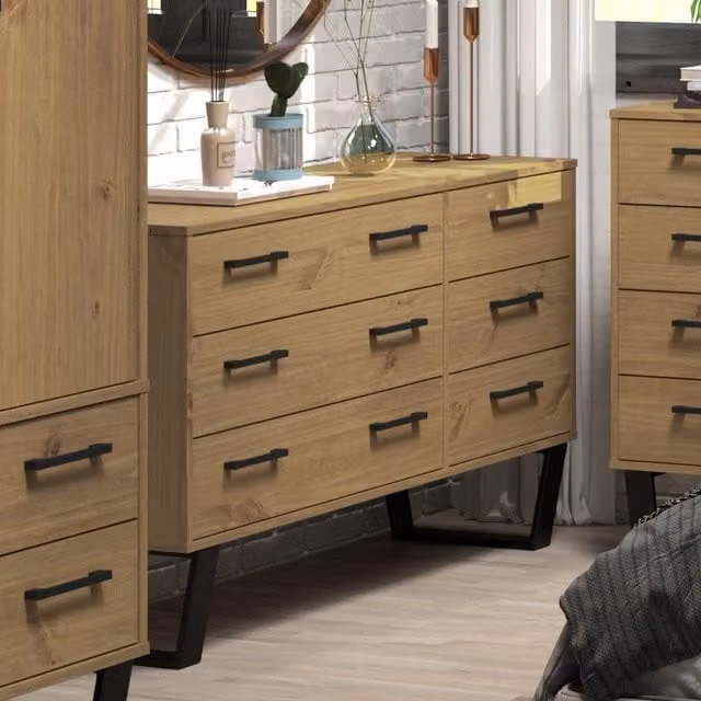 Core Products Texas 3+3 Drawer Wide Chest in Light Brown and Black Industrial Pine and Metal Wood Design