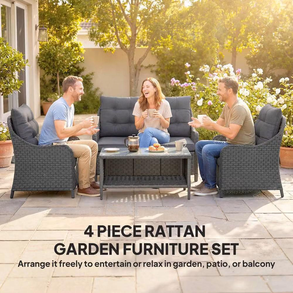 OUTSUNNY 4 Piece Grey Polyrattan Patio Furniture Set with Upholstered Cushions and Removable Covers – 4