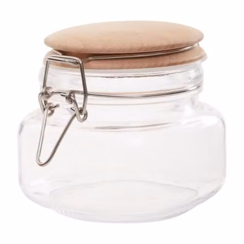 Orsina Transparent Square Glass Storage Jar with Wooden Lid and Clip Lock, 500 ml, W: 11 cm, D: 11 cm, H: 11 cm – 1
