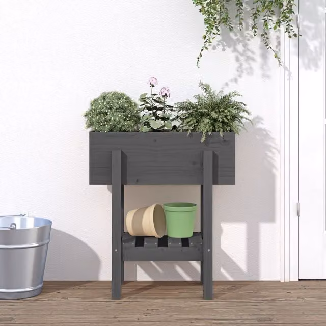 Berkfield Home Grey Solid Wood Pine Garden Planter Tub W: 62 cm, D: 30 cm, H: 69 cm – 1