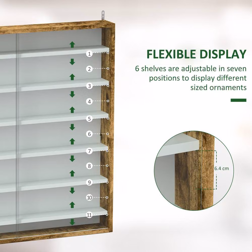 HOMCOM 7-Tier Wall Mounted Display Cabinet with Glass Doors and Adjustable Shelves in Brown – 3