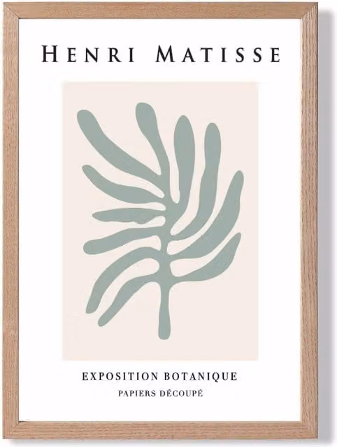 ARTZE Matisse Leaf Botanical Framed Print in Sage Green and Beige with Oak Frame, A3