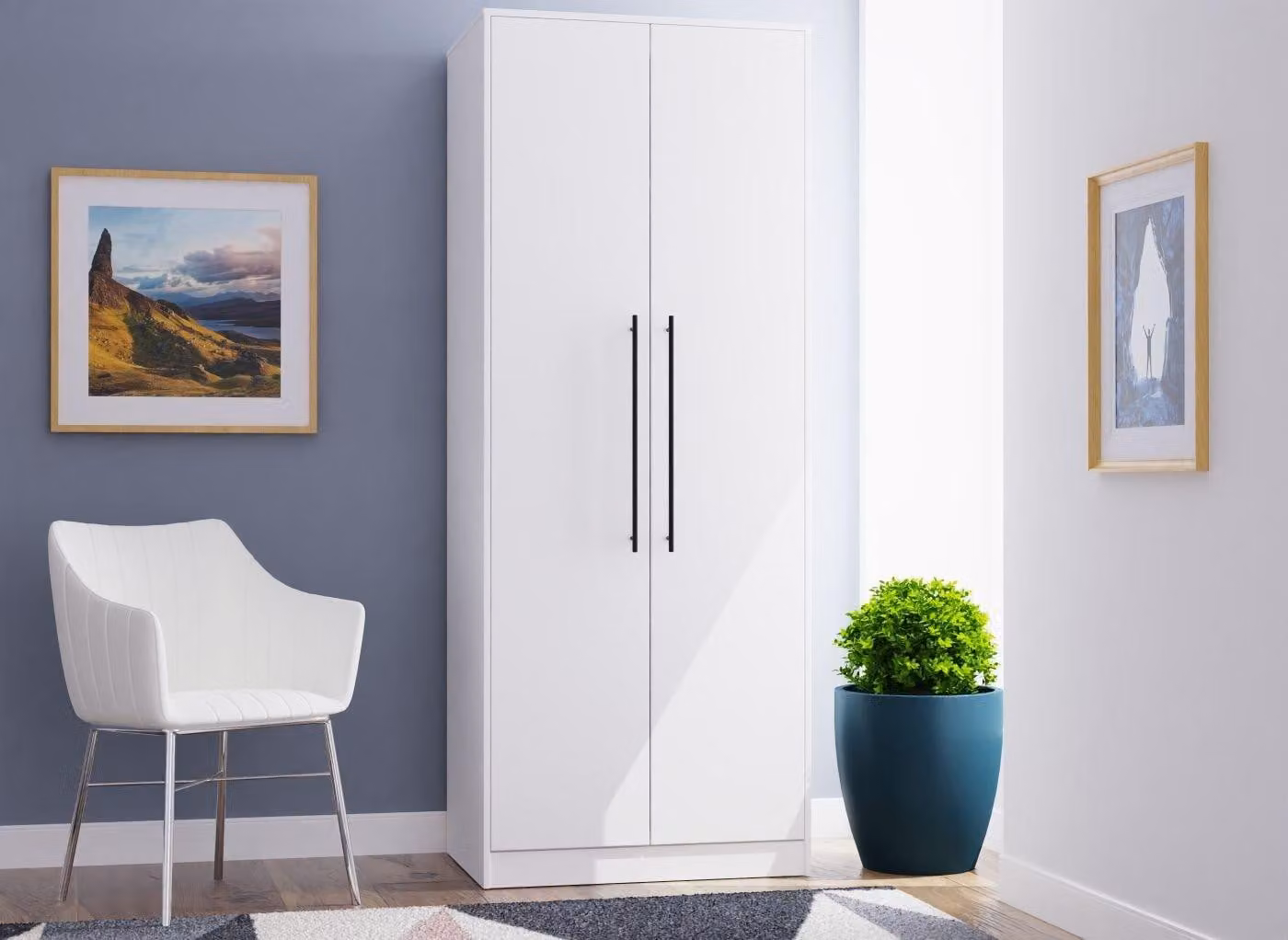 Oregon 2-Door Modern White Wardrobe with Internal Shelves and Hanging Rod
