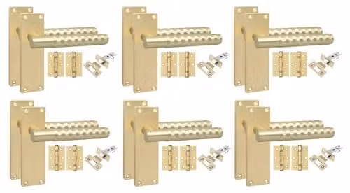 Golden Grace Hardware Victorian Knurled Latch Door Handles with Long Backplate Set in Satin Brass, 6 Pairs