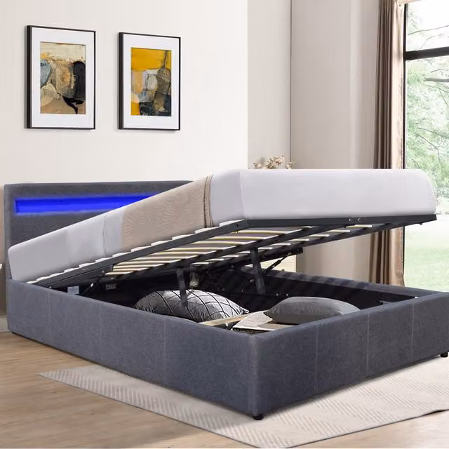 Comfy Living Modern Upholstered Gas Lift Ottoman Bed Frame with LED Under-bed Lighting, Grey, W/D/H: 120 x 200 cm