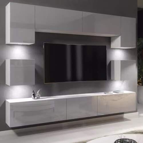 Creative Furniture Modern Wall Unit TV Stand with Integrated Lighting and Grey Glossy Doors, W/D/H: 242 x 35 x 207 cm