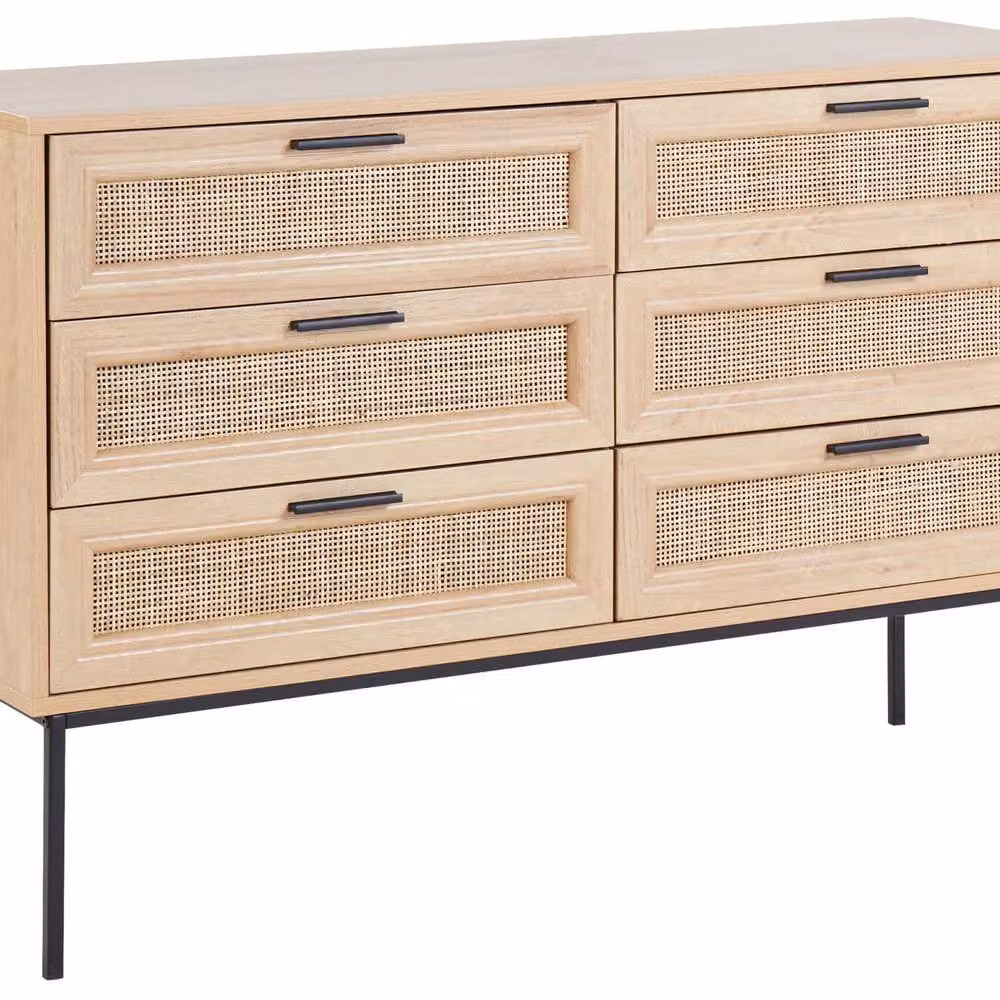 Wyld and Coco Rattan Six-Drawer Chest with Black Metal Frame in Brown and Light Wood – 2