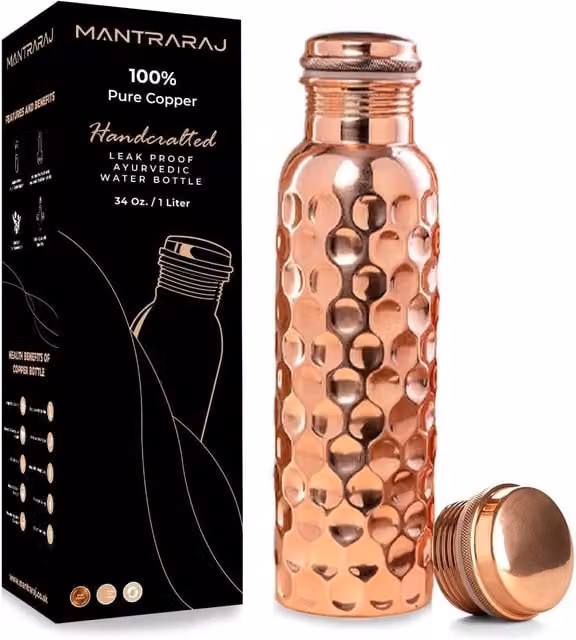 MantraRaj 1 l Pure Copper Water Bottle Flask in Bronze Gold