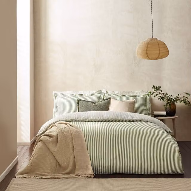 Hebden Reversible Striped Duvet Cover and Pillowcase Set in Green, W: 180 cm x L: 200 cm