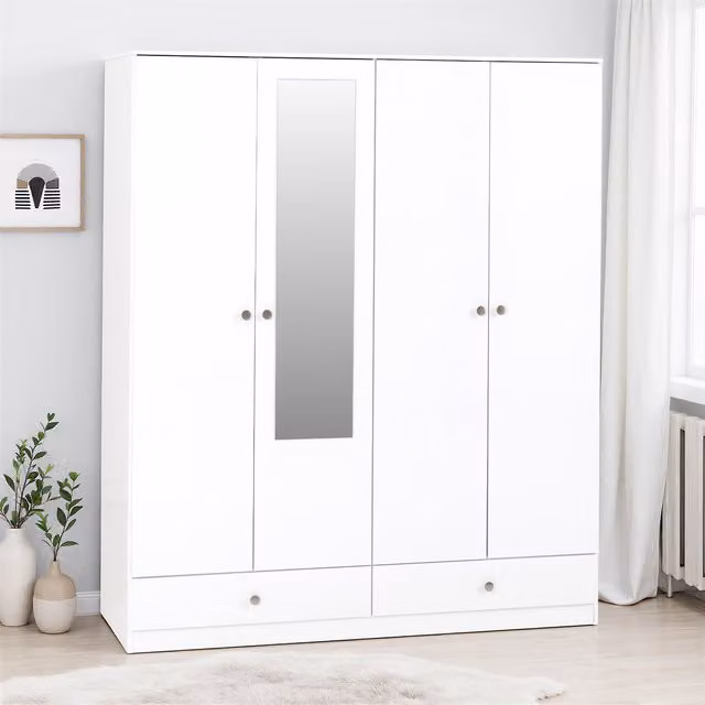 Seconique Denver 4 Door 2 Drawer Mirrored Wardrobe in White Gloss