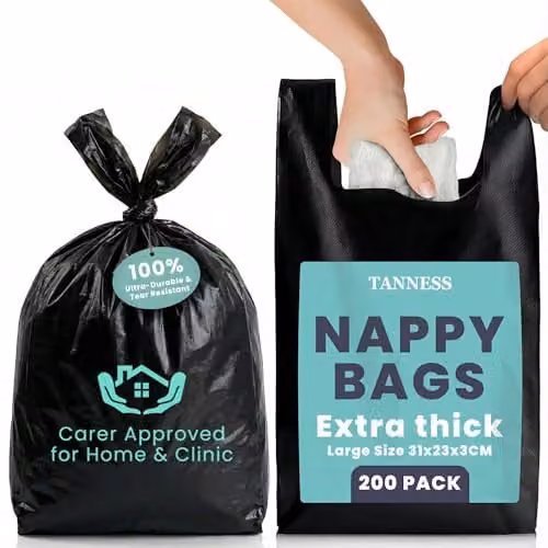 Tanness Black Adult Nappy Bags, 200 Pack Disposable Sacks with Tie Handles – 1