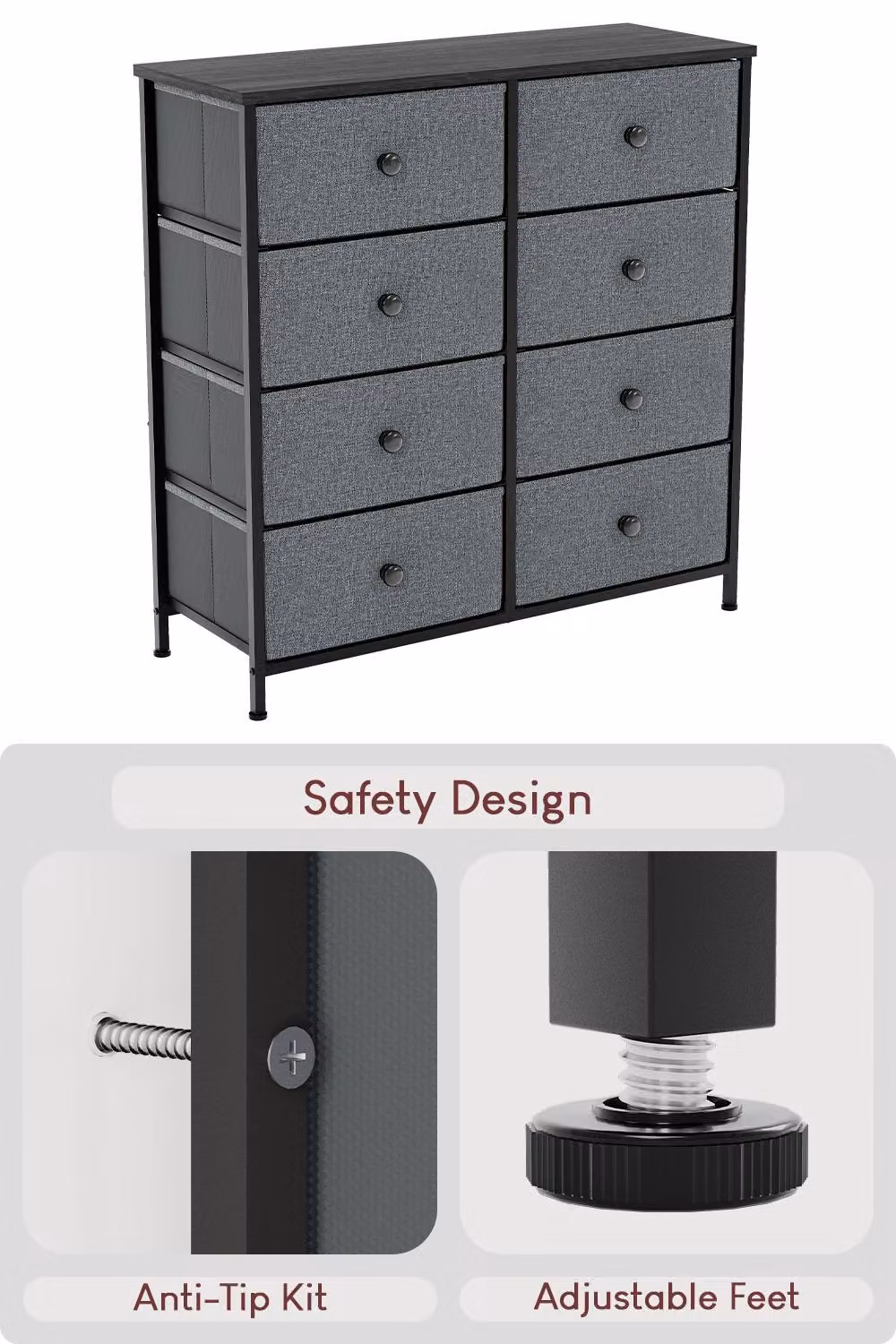 HD Designs Chorley 8 Drawer Chest of Drawers in Dark Grey Fabric and Metal – 3