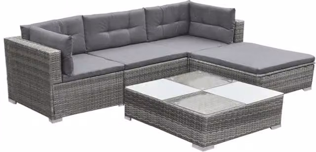 Berkfield Home 5 Piece Grey Poly Rattan Garden Lounge Set with Cushions, Ottoman and Coffee Table