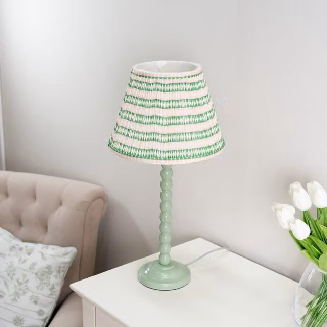 Bobbins Sage Green and Pink Table Lamp with Tapered Fabric Pleated Shade