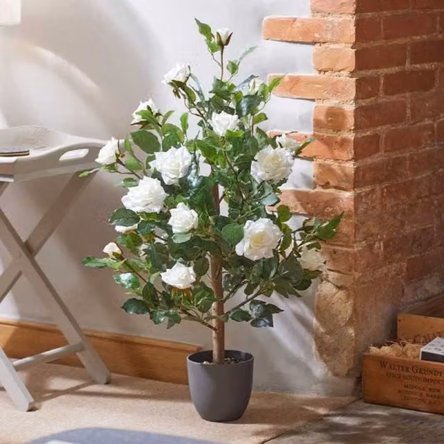 Garden Mile Large Artificial White Rose Tree in Green and White