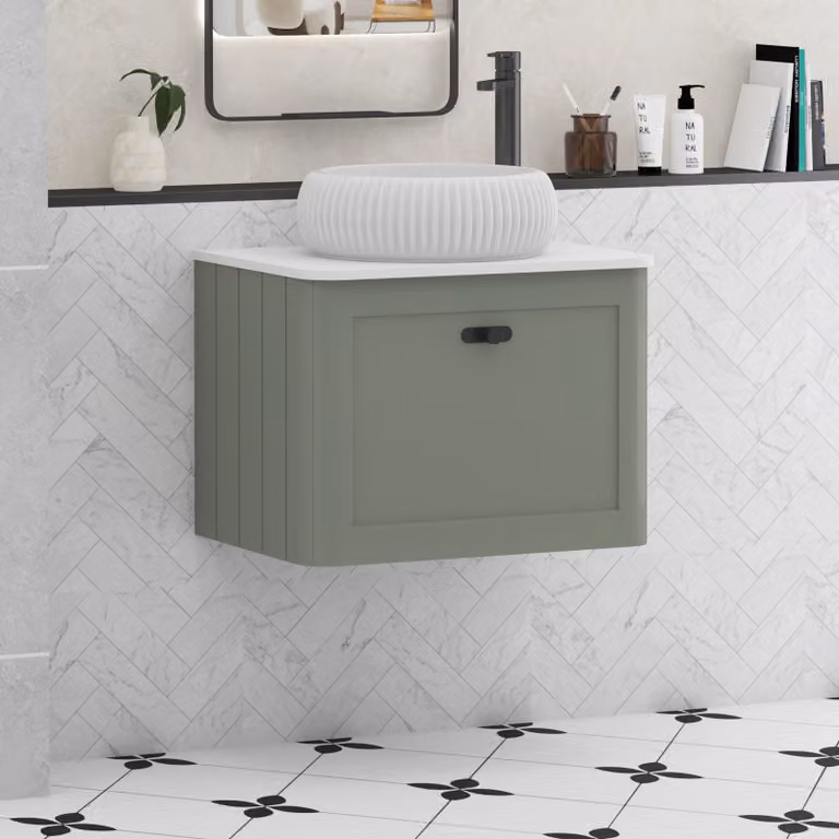 Royal Bathrooms Henley Wall Hung Vanity Unit in Sage Green with 1 Drawer, Plain White Worktop, Milan Basin and Matt Black Knob, Width: 60 cm
