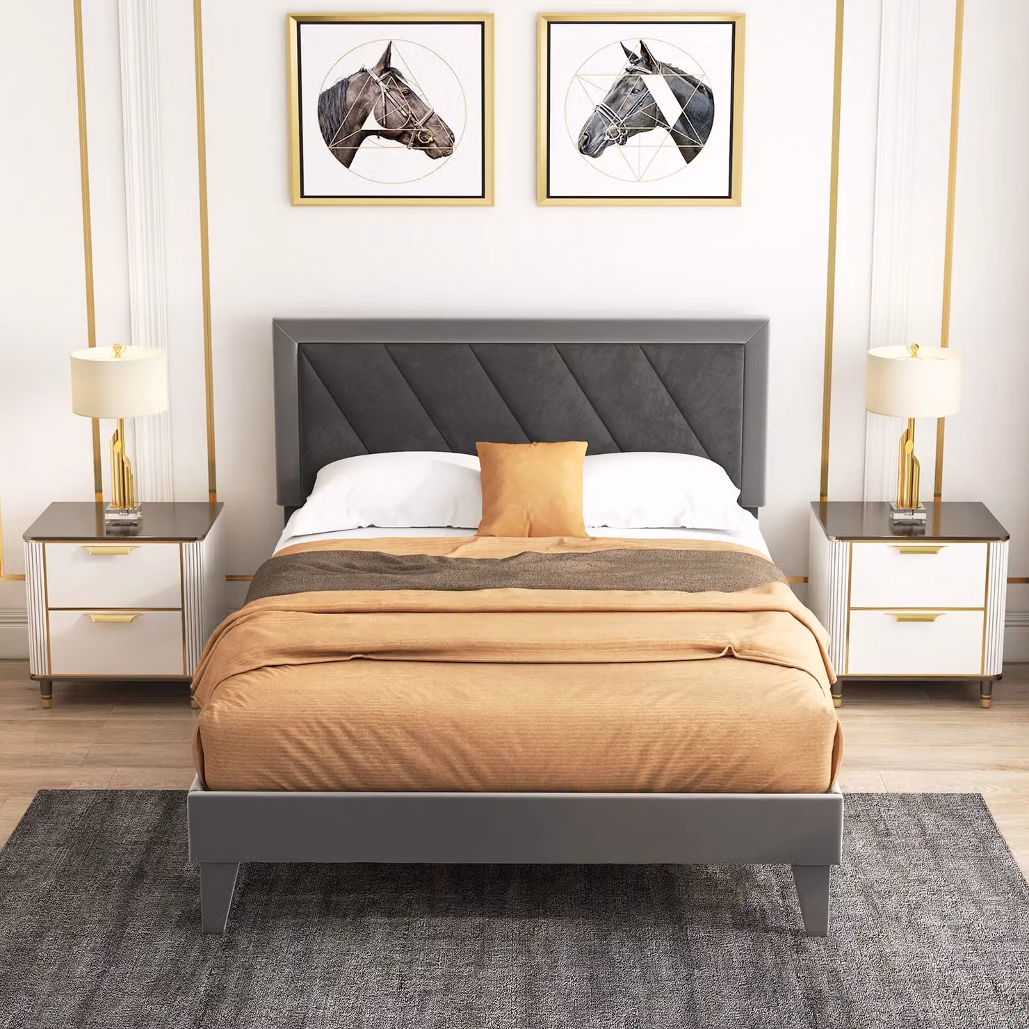 Gymax Double Velvet Upholstered Platform Bed Frame with High Headboard in Grey, W/D/H: 140 x 200 cm – 4