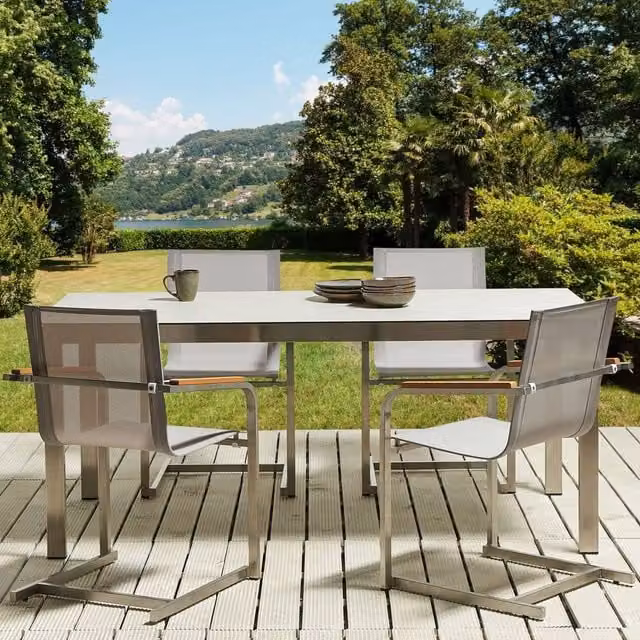 Wyld and Coco Beige 4-Pack Cantilever Garden Chairs with Stainless Steel and Wood Frame – 1