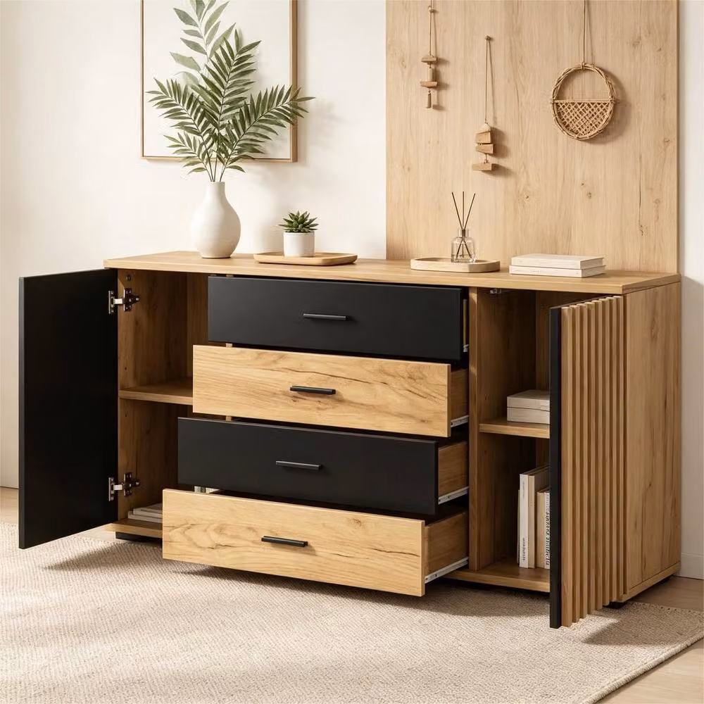 Merax Modern Oak and Black Slatted Sideboard with 2 Doors, 4 Drawers and Adjustable Shelves – 2