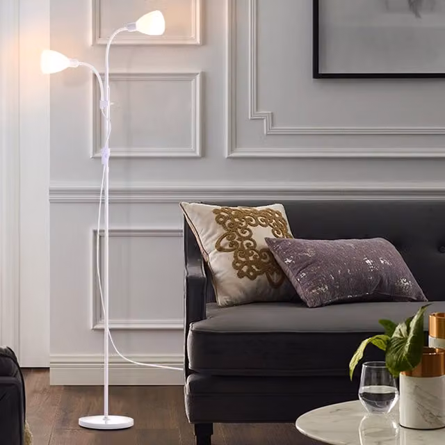 Livingandhome Double LED Torchiere Floor Lamp with Adjustable Reading Lamp, White