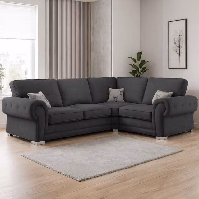 Furnishings For Less UK Milan 4 Seater L Shaped Corner Sofa, Black, Right Hand Facing, Chesterfield Style with Fabric Upholstery, W/D/H: 245 x 90 x 80 cm – 1