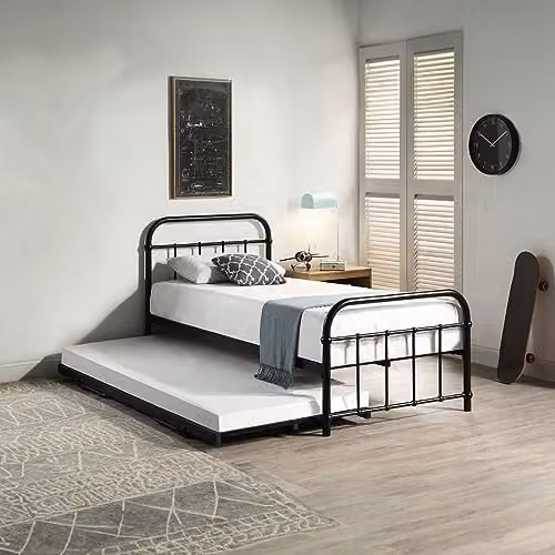 SlumberWorx Vintage Hospital Style Single Metal Bed Frame with Guest Trundle, Black, W/D/H: 90 x 190 cm – 1