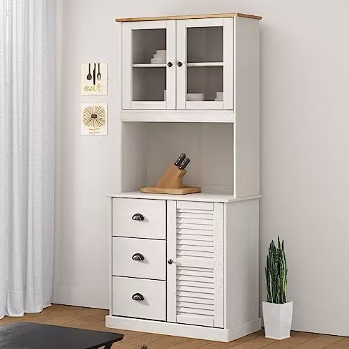vidaXL VIGO Highboard in White Waxed Solid Pine with Glass Doors, W/D/H: 78 x 40 x 175 cm – 2