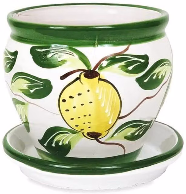 Verano Spanish Ceramics Hand Painted Lemons Bola Plant Pot and Drainage Plate, Yellow and Multicolour, Diameter: 25 cm – 1