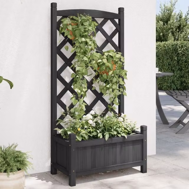 Berkfield Home Black Solid Wood Fir Planter with Trellis