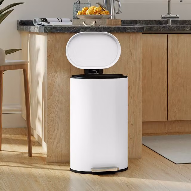 HOMCOM 30L White Metal Kitchen Pedal Bin with Soft-Close and Fingerprint-Proof Lid